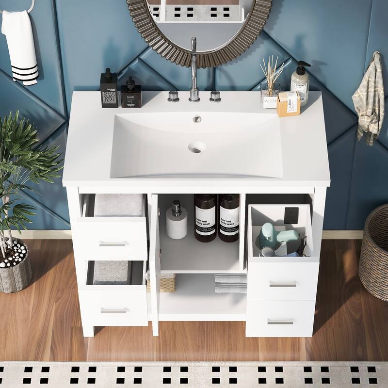 36" White Modern Bathroom Vanity with USB,Two Shallow Drawers, One Deep